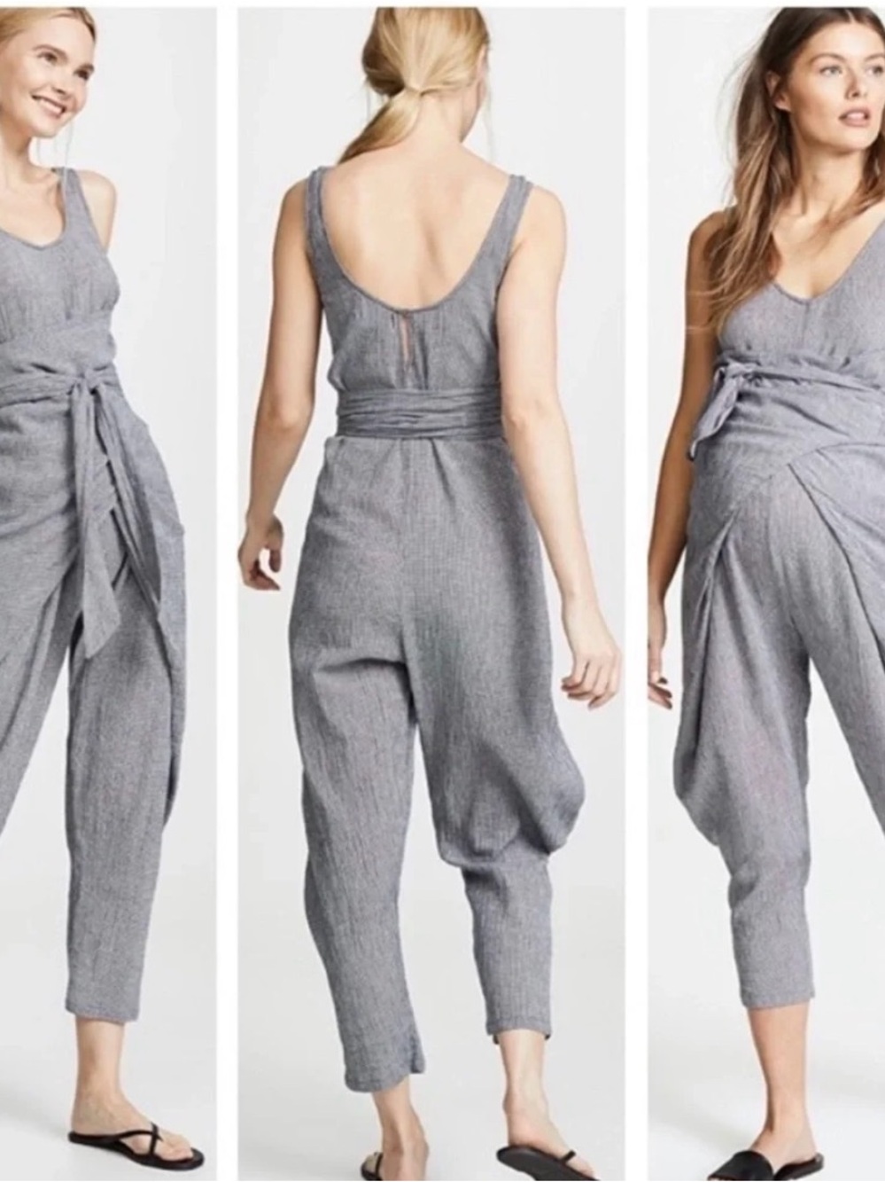 Hatch Grey Sleeveless Linen-Blend Jumpsuit with Wrap Tie